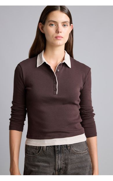 DeFacto Slim Fit Kontrast Polo Yaka Ribana Uzun Kollu Basic Tişört Kahve