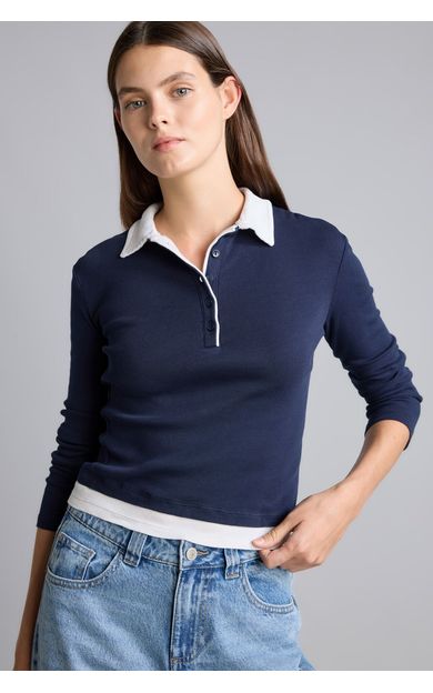 DeFacto Slim Fit Kontrast Polo Yaka Ribana Uzun Kollu Basic Tişört Lacivert