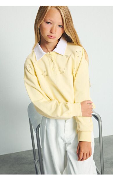 DeFacto Relax Fıt Polo Yaka Açık Sarı Sweatshirt Kız Çocuk