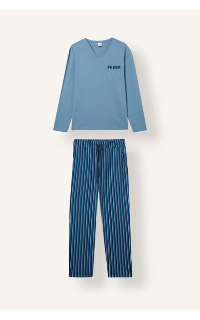 DeFacto %100 Pamuk New Regular Fit V Yaka Çizgili Uzun Kollu 2'li Pijama Takımı