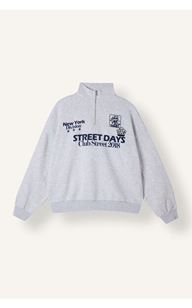 DeFacto Oversize Dik Yakalı Yarım Fermuarlı Baskılı Sweatshirt