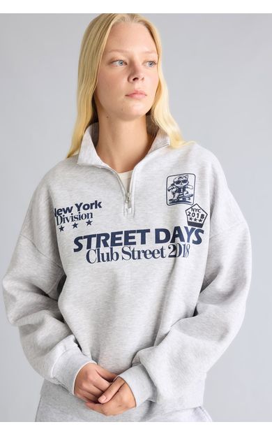 DeFacto Oversize Dik Yakalı Yarım Fermuarlı Baskılı Sweatshirt