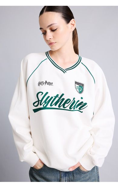 DeFacto Harry Potter Baskılı Reglan Kollu Oversize V Yaka Kalın Sweatshirt