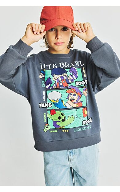 DeFacto Brawl Stars Regular Fıt Bisiklet Yaka İçi Yumuşak Tüylü Kalın Sweatshirt Kumaşı Sweatshirt Erkek Çocuk