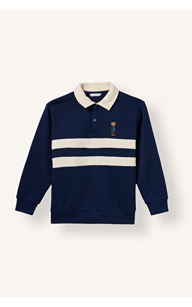 DeFacto Oversize Polo Yaka Çizgili İçi Yumuşak Tüylü Uzun Kollu Sweatshirt Erkek Çocuk