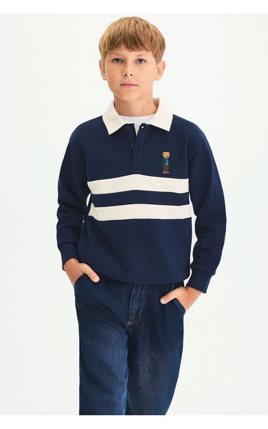 DeFacto Oversize Polo Yaka Çizgili İçi Yumuşak Tüylü Uzun Kollu Sweatshirt Erkek Çocuk