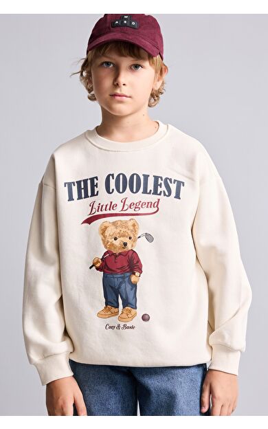 DeFacto Oversize Bisiklet Yaka Ayıcık Figürlü Baskılı Uzun Kollu Sweatshirt Erkek Çocuk