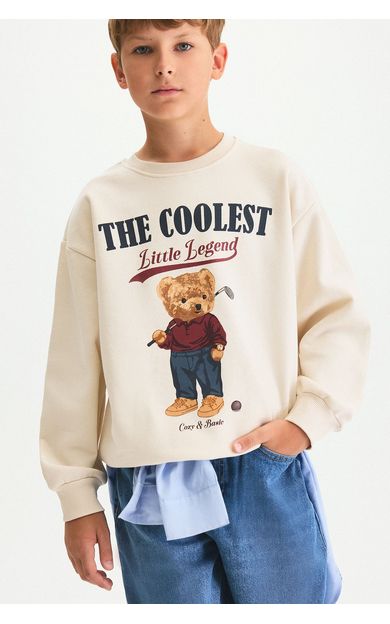 DeFacto Oversize Bisiklet Yaka Ayıcık Figürlü Baskılı Uzun Kollu Sweatshirt Erkek Çocuk Bej