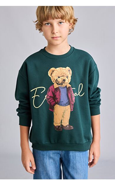DeFacto Oversize Bisiklet Yaka Ayıcık Figürlü Baskılı Uzun Kollu Sweatshirt Erkek Çocuk