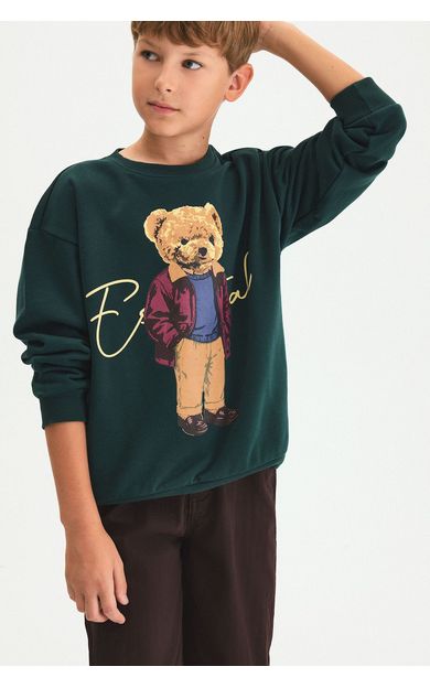 DeFacto Oversize Bisiklet Yaka Ayıcık Figürlü Baskılı Uzun Kollu Sweatshirt Erkek Çocuk Yeşil