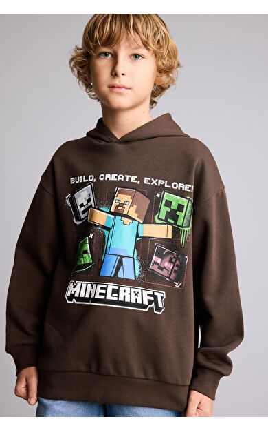 DeFacto Minecraft Lisanslı Baskılı Kapüşonlu İçi Yumuşak Tüylü Kalın Sweatshirt Kumaşı Sweatshirt Erkek Çocuk