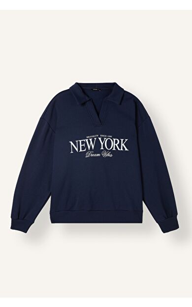 DeFacto Okula Dönüş Relax Fıt Polo Yaka Baskılı Kalın Sweatshirt Kumaşı Sweatshirt
