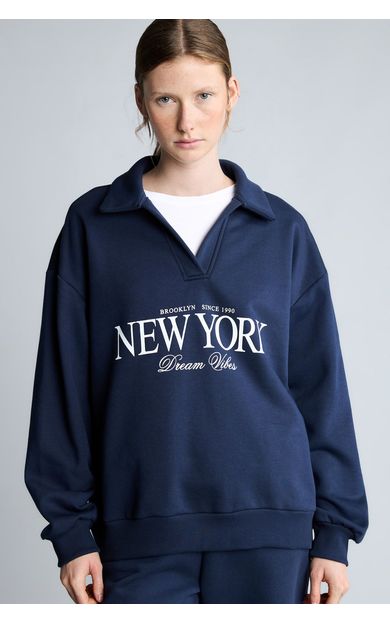 DeFacto Okula Dönüş Relax Fıt Polo Yaka Baskılı Kalın Sweatshirt Kumaşı Sweatshirt
