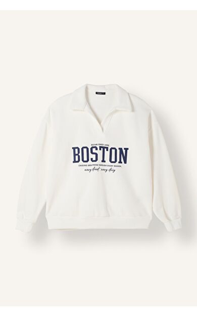 DeFacto Relax Fıt Polo Yaka Baskılı Kalın Sweatshirt Kumaşı Sweatshirt