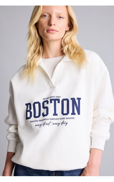 DeFacto Relax Fıt Polo Yaka Baskılı Kalın Sweatshirt Kumaşı Sweatshirt Ekru I3317AX26WNER105