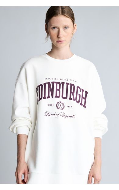 DeFacto Okula Dönüş Oversıze Bisiklet Yaka Üniversite Baskılı Kalın Sweatshirt Kumaşı Sweatshirt Ekru
