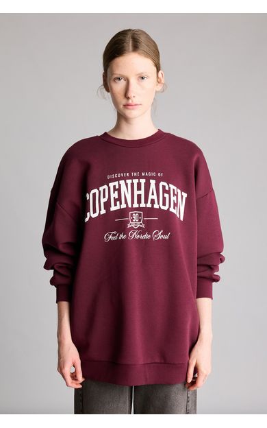 DeFacto Okula Dönüş Oversıze Bisiklet Yaka Üniversite Baskılı Kalın Sweatshirt Kumaşı Sweatshirt Bordo