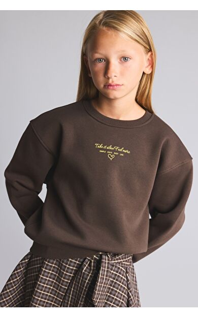 DeFacto Relax Fit Bisiklet Yaka Düşük Omuzlu Baskılı Sweatshirt Kız Çocuk