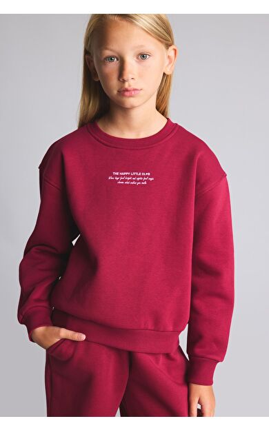 DeFacto Relax Fit Bisiklet Yaka Düşük Omuzlu Baskılı Sweatshirt Kız Çocuk
