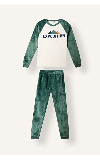 DeFacto Baskılı Reglan Kollu Üst Lastikli Paça Pelüş 2'li Pijama Takımı Erkek Çocuk