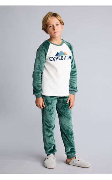 DeFacto Baskılı Reglan Kollu Üst Lastikli Paça Pelüş 2'li Pijama Takımı Erkek Çocuk