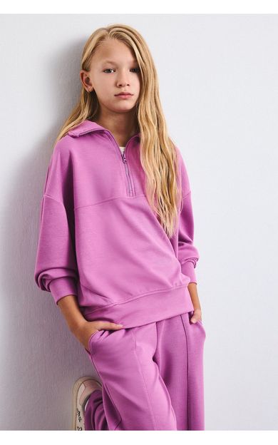 DeFacto Relax Fıt Yarım Fermuarlı Slogan Baskılı Modal Sweatshirt Kız Çocuk