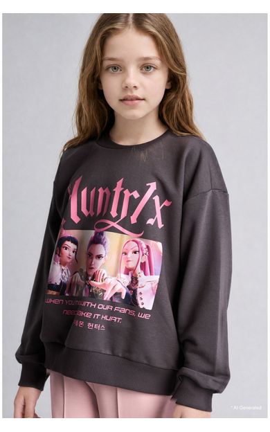 DeFacto Kpop - Demon Hunters Relax Fıt Bisiklet Yaka Sweatshirt Kız Çocuk Antrasit