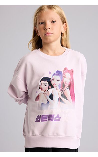 DeFacto Kpop Demon Hunters Baskılı Relax Fit Bisiklet Yaka Sweatshirt Kız Çocuk