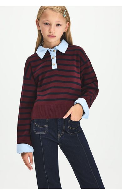 DeFacto Relaxed Fit Polo Yaka Çizgili Oxford Kazak Kız Çocuk