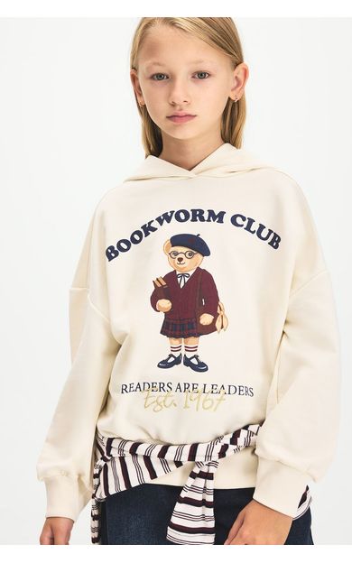 DeFacto Oversize Kapüşonlu Ayıcık Baskılı Sweatshirt Kız Çocuk