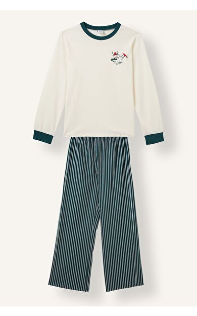DeFacto Uzun Kollu Bisiklet Yaka Üst Baskılı Çizgili Alt 2'li Pijama Takımı Erkek Çocuk