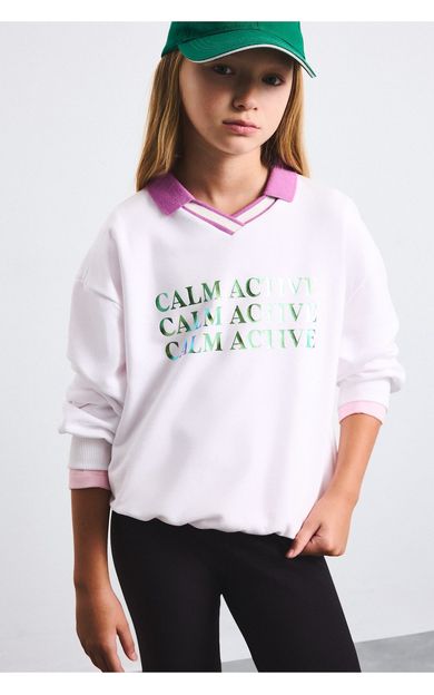 DeFacto Relax Fıt Polo Yaka Slogan Baskılı Sweatshirt Kız Çocuk