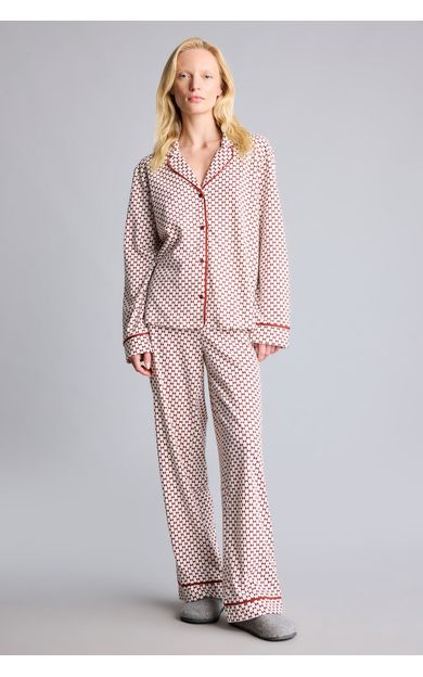 DeFacto %100 Pamuk Regular Fit Uzun Kollu Desenli Biyeli Pijama Takımı