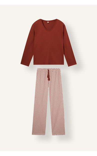 DeFacto %100 Pamuk V Yaka Dama Desenli Regular Fit Uzun Kollu 2'li Pijama Takımı