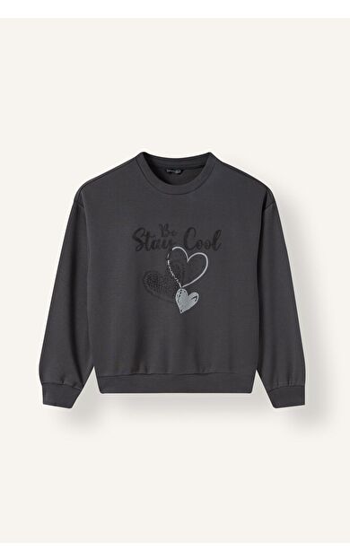 DeFacto Relax Fıt Bisiklet Yaka Kalp Desenli Sweatshirt Kız Çocuk