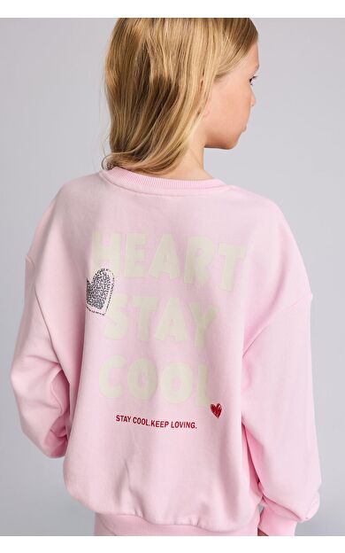 DeFacto Relax Fıt Bisiklet Yaka Kalp Desenli Sweatshirt Kız Çocuk