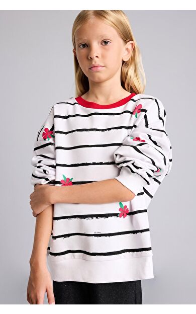 DeFacto Relax Fit Çizgili Çiçekli Bisiklet Yaka Uzun Kollu Sweatshirt Kız Çocuk
