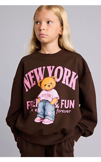 DeFacto Relax Fit Bisiklet Yaka Ayıcık Baskılı Sweatshirt Kız Çocuk