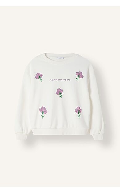 DeFacto Relax Fit Bisiklet Yaka Nakışlı Çiçekli Uzun Kollu Sweatshirt Kız Çocuk