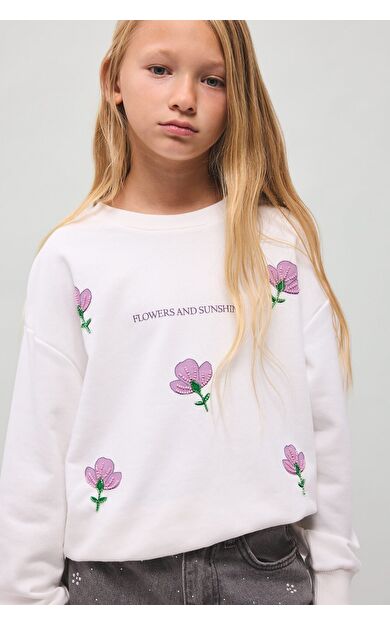 DeFacto Relax Fit Bisiklet Yaka Nakışlı Çiçekli Uzun Kollu Sweatshirt Kız Çocuk