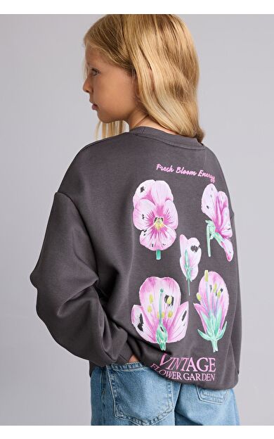 DeFacto Relax Fıt Bisiklet Yaka Floral Sweatshirt Kız Çocuk