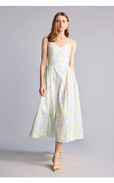 DeFacto Kalp Yaka Floral Poplin Askılı Mıdı Elbise