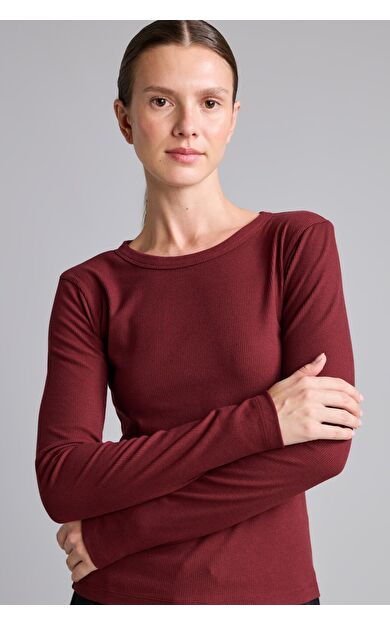 DeFacto Slim Fit Bisiklet Yaka Fitilli Kaşkorse Uzun Kollu Basic Tişört Bordo