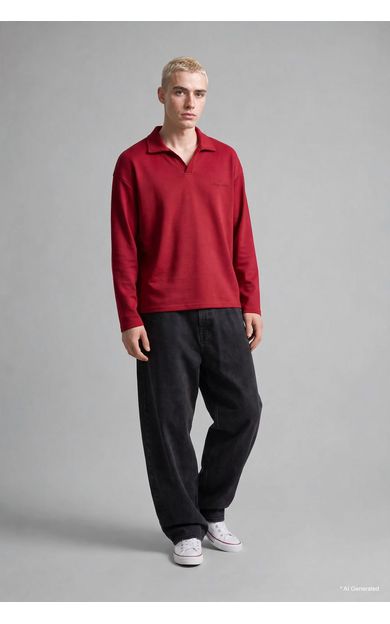 DeFacto Boxy Fit Polo Yaka Göğüs Baskılı Pike Sweatshirt