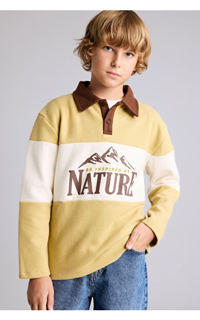 DeFacto Oversize Polo Yaka Renk Bloklu Baskılı Selanik Kumaş Sweatshirt Erkek Çocuk