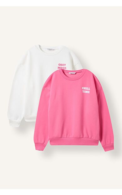 DeFacto Relax Fıt Bisiklet Yaka Slogan Baskılı İçi Yumuşak Tüylü Kalın Sweatshirt Kumaşı 2'li Sweatshirt Kız Çocuk
