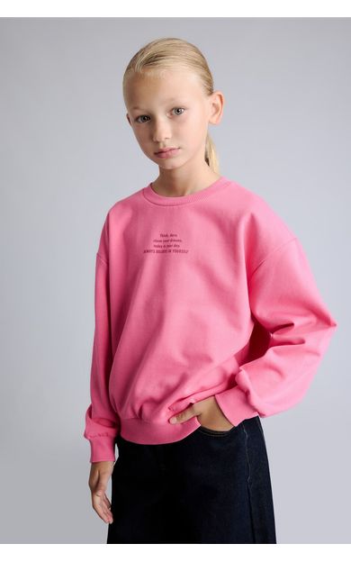 DeFacto Relaxed Fit Bisiklet Yaka Baskılı İçi Yumuşak Tüylü Sweatshirt Kız Çocuk Pembe