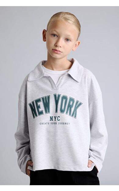 DeFacto Okula Dönüş Relax Fıt Polo Yaka Kolej Baskılı Sweatshirt Kumaşı Sweatshirt Kız Çocuk