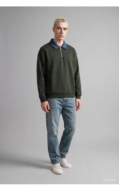 DeFacto Boxy Fit Yarım Fermuarlı Polo Yaka Baskılı Sweatshirt