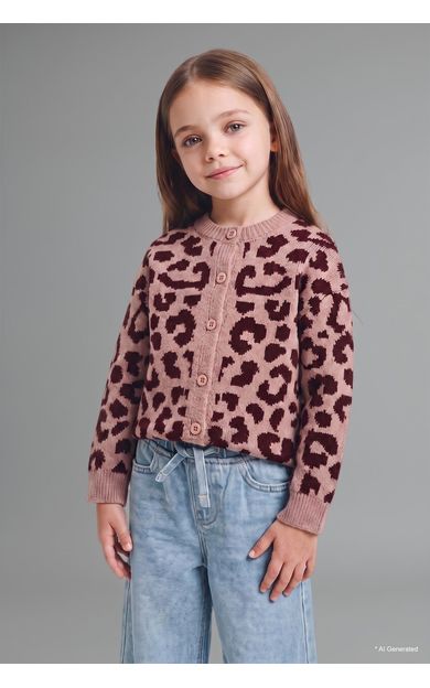 DeFacto Leopar Desenli Bisiklet Yaka Triko Basic Hırka Kız Bebek